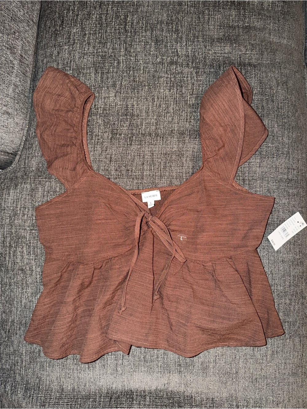 La Hearts Rust Brown Tie-Front Ruffle Tank Top